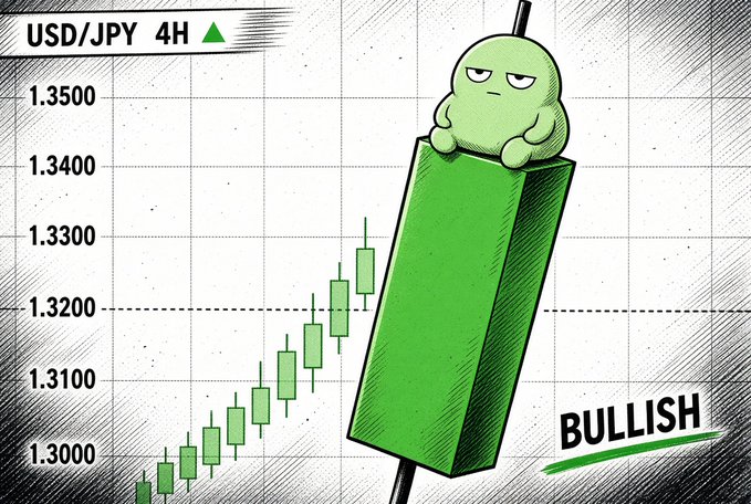 A cartoon green character sits on top of a large green candlestick on a 'USD/JPY 4H' chart, with the word 'BULLISH' written in the corner.