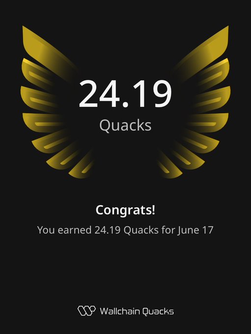 The image shows an email containing a congratulatory message for collecting 24.19 Quacks as of June 17. The text congratulates the user on their achievement, emphasizing that small gains add up quickly when done consistently.