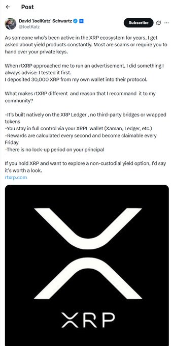 A tweet from David 'JoelKatz' Schwartz (@JoelKatz) about the XRP ecosystem, recommending rTXRP built natively on the XRP Ledger with no lock-up period.