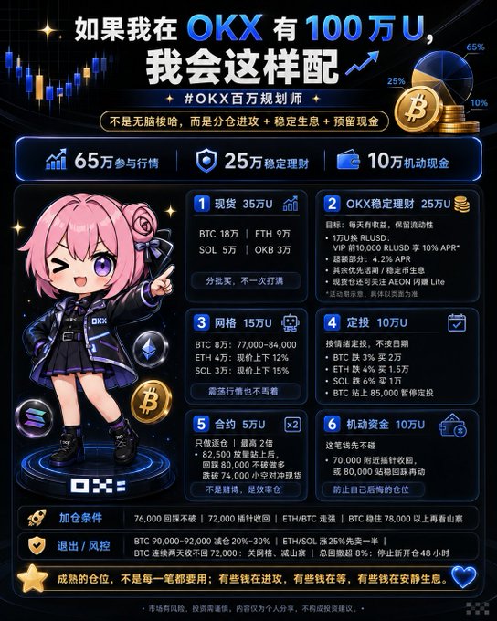 A Chinese-language crypto investment infographic titled '如果我在 OKX 有 100 万U, 我会这样配' (If I had 1 million U on OKX, I would allocate it this way), featuring a pink-haired mascot and a breakdown of portfolio allocations including spot, savings, grid trading, and futures.