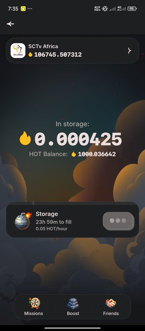 The image shows a screenshot of the SCTV Africa account on what appears to be the HOT wallet app, displaying a balance of 186,745.507312 HOT tokens, with 0.000425 HOT currently in storage and 1,000.036642 HOT balance. The interface includes sections for Missions, Boost, and Friends, along with a storage status showing "23h 59m to fill" at a rate of 0.05 HOT/hour, which visually demonstrates the slow daily HOT mining earning rate referenced in the post questioning the project's value.