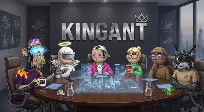 The image shows a digital illustration of various cartoon NFT-style characters gathered around a conference table with a city skyline hologram, with the text "KINGANT" and a crown prominently displayed above them, serving as branding for the @KingAnt free mint giveaway promotion.
