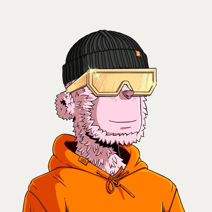 A digital illustration of a pink furry character wearing a black beanie, gold sunglasses, and an orange hoodie.
