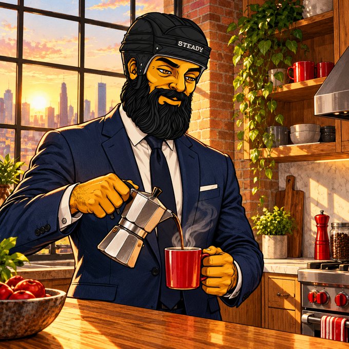 An illustrated digital artwork shows a bearded man in a navy suit and a 'STEADY' cap pouring coffee in a kitchen with a city skyline visible through the window at sunset.