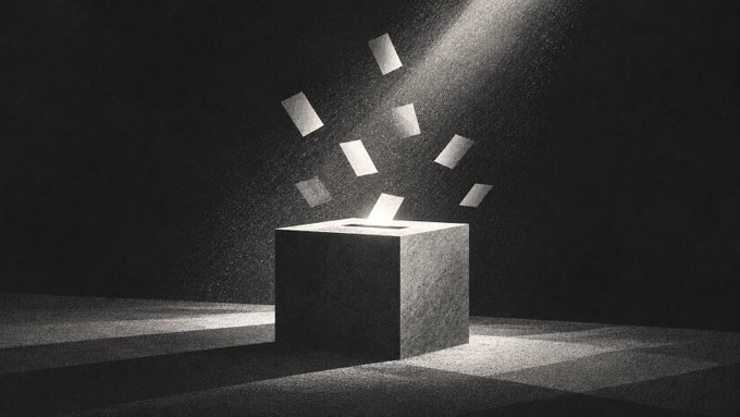 A ballot box sits illuminated by a beam of light, with votes scattered above it that appear to be dissolving or vanishing into dust. The image visually represents the bug described in the post: silently erased dissenting votes falling away before they could be properly counted.