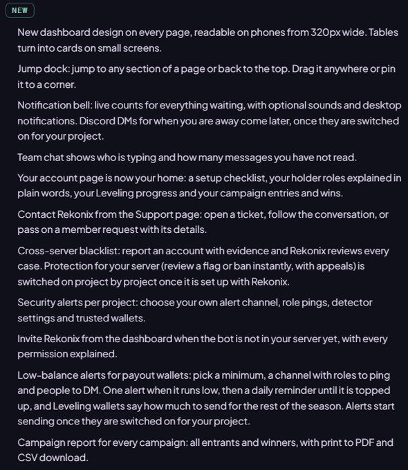 A dark-themed update announcement listing new dashboard features including mobile readability, a jump dock, notification bell, team chat, account home page, RekoniX support contact, cross-server blacklist, security alerts, bot invites, low-balance payout wallet alerts, and campaign reports.