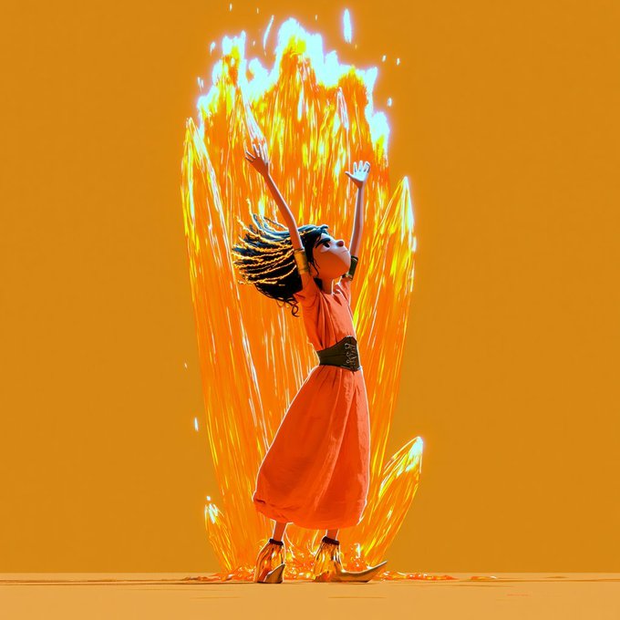 An animated 3D rendering of a girl in a red dress with arms raised as a fiery orange and yellow energy burst erupts from behind her against an orange background.