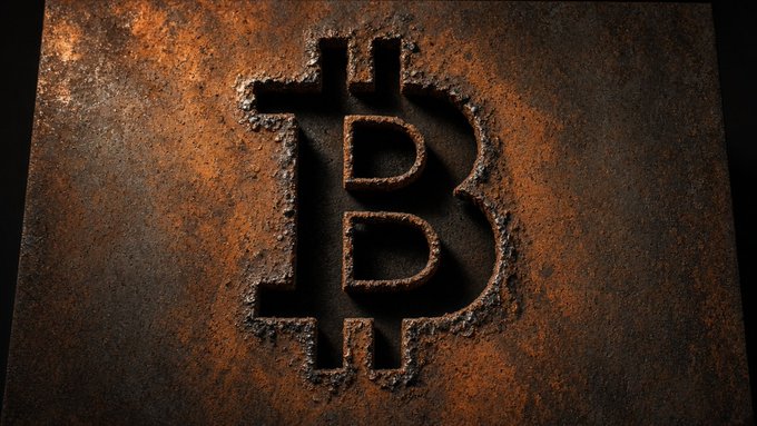 A close-up image of the Bitcoin logo carved or etched into a rusted, weathered metal surface.