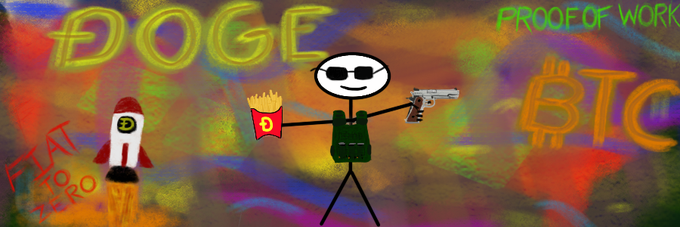 In the image, there's a cartoon character holding up a burger with fries while wearing sunglasses and a gun. The background features graffiti art that includes words like "DOGE", "BITC", and "proof of work". There are also other graffiti elements in the background.