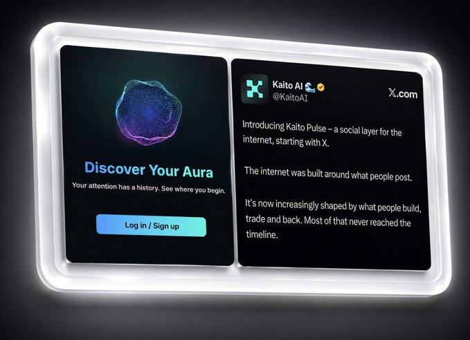 A promotional graphic featuring a 'Discover Your Aura' app with 'Log in / Sign up' button alongside a tweet from @KaitoAI announcing 'Kaito Pulse - a social layer for the internet, starting with X.'