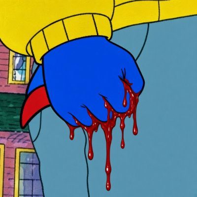 A cartoon illustration shows a blue-gloved hand dripping with red blood, drawn in the distinctive Simpsons animation style.