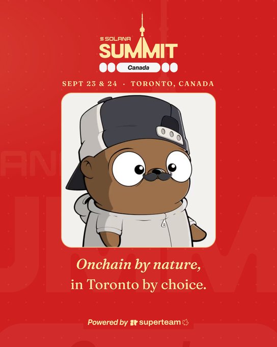 A red promotional poster for the Solana Summit Canada on Sept 23 & 24 in Toronto, featuring a cartoon otter wearing a backwards cap, with the tagline 'Onchain by nature, in Toronto by choice.' and powered by Superteam.