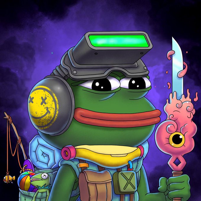 The image features a cartoon frog with a green body and yellow face, wearing a helmet and holding a sword. The frog has a backpack and a hat on its back, giving it an adventurous appearance. The background of the image is dark purple, which contrasts with the bright colors of the frog's outfit. There are also other elements in the image that contribute to the overall composition, such as a pink object near the bottom right corner and a yellow object towards the top left corner.