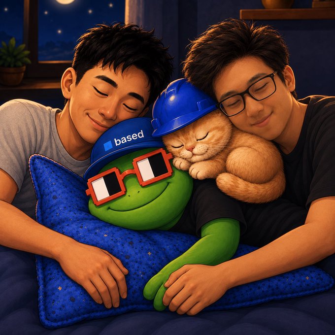 An animated illustration of two young men sleeping peacefully while cuddling with a green cartoon mascot wearing 3D glasses and a blue hard hat labeled 'based', alongside an orange kitten.