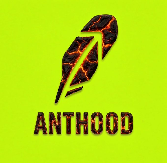 A logo design featuring a stylized feather with cracked, lava-like textures in black and glowing orange, displayed above the bold text "ANTHOOD" on a bright lime green background, reinforcing the post's message about AntHood's nonstop crypto hustle even on weekends.
