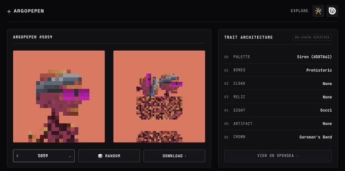 A dark-themed web interface for 'ARGOPEPEN' displaying pixel-art character traits including 'Siren (#D87A62)' palette and 'Gucci' sight, labeled ARGOPEPEN #5059.