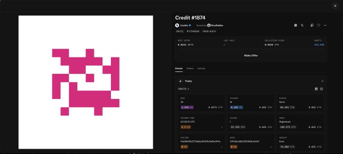 A screenshot of Credit #1874 NFT by Jack Butcher, showing a pink pixelated Space Invader-style alien on a white background, with ownership and transfer details visible on the right side (Best Offer: 0.0132 ETH, Last Sale: -, Floor: 0.0104 ETH). The image directly illustrates the post, which celebrates purchasing this exact pixel art Credit NFT for around $8 via X Money, highlighting how the owner personally values owning the piece despite it not being rare.