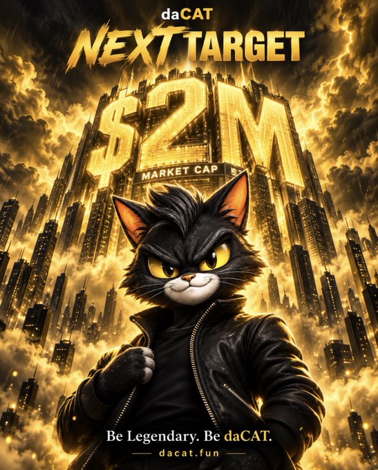 A promotional poster for 'daCAT' cryptocurrency featuring an anthropomorphic black cat in a leather jacket against a golden cityscape, advertising 'NEXT TARGET $2M MARKET CAP' with the tagline 'Be Legendary. Be daCAT.' and URL 'dacat.fun'.
