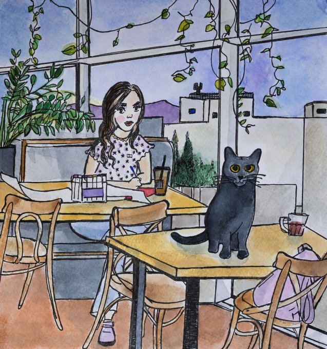 A watercolor illustration shows a young woman with long brown hair sitting at a café table writing in a notebook, with an unexpected black cat perched on the adjacent table staring at her; the "Ethereum"-themed #ETHERSATURDAY post likely plays on the pun that the black cat resembles a small "black Satoshi" or Ethereum-style crypto mascot, blending cozy creative journaling with crypto community humor.