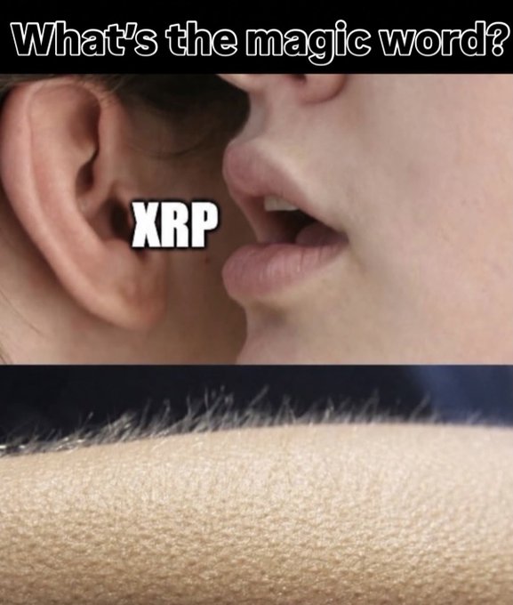 A whisper meme with text "What's the magic word?" and one person whispering "XRP" into another's ear, playfully symbolizing the secret/shared excitement around XRP and the XRPL's evolution toward institutional tokenization features mentioned in the post.