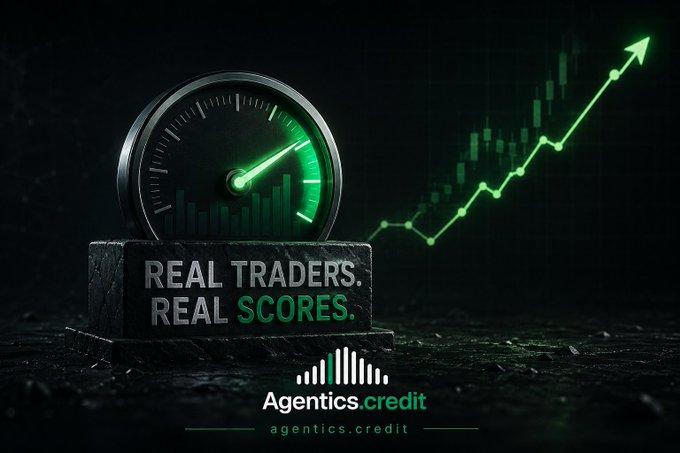 A dark promotional advertisement for 'Agentics credit' featuring a speedometer pointing to the green zone and an upward-trending green chart, with the slogan 'REAL TRADERS. REAL SCORES.'