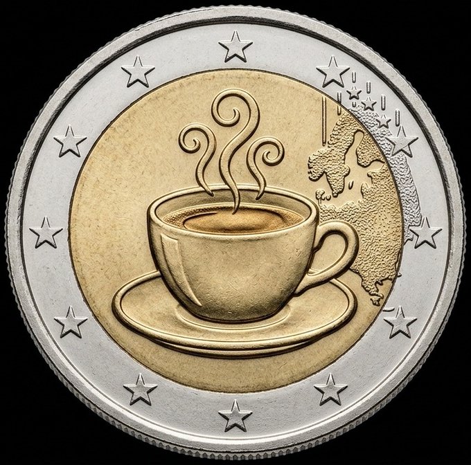 A close-up of a 2 Euro commemorative coin featuring a steaming coffee cup on a saucer in the center, with a map of Europe in the background and stars around the outer ring.