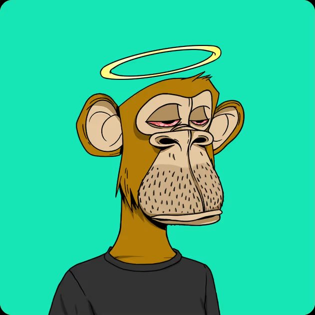 The image features an anthropomorphic monkey wearing a black shirt against a blue background. The monkey appears to be looking down at something or someone, possibly a camera. There are no other objects or texts present in the image.