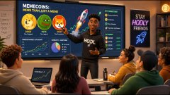 A presenter with a microphone standing in front of an audience while displaying a screen titled 'MEMECOINS: HOW TO GET 1 MILLION $' featuring various meme coin logos and a chart labeled 'STAY HOODY' with 3% data.