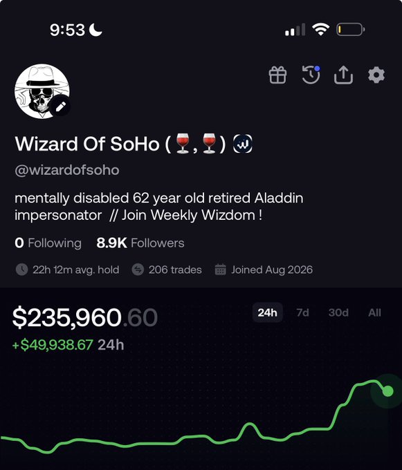A profile screenshot of "Wizard Of SoHo (@wizardofsoho)" with 8.9K followers shows a portfolio of $235,960.60, up $49,938.67 in 24 hours, with the green chart trend reflecting the trader's successful overnight gains that prompted the celebratory "going to bed" post.