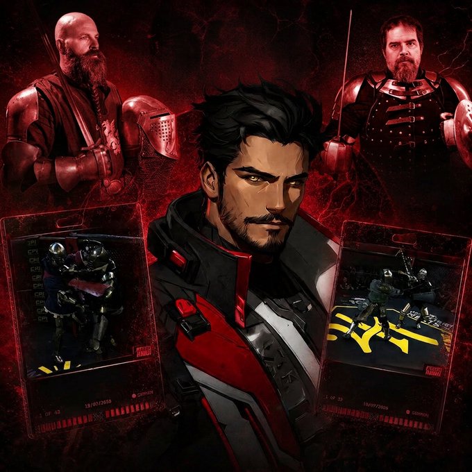 A comic-style illustration of three characters with two smartphone screens displaying first-person combat footage at the bottom.