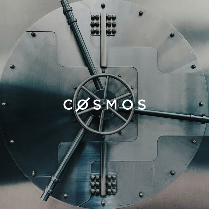 A massive circular bank vault door with a heavy spoke wheel handle and the text "CØSMOS" displayed across its center, symbolizing the security of peer-to-peer blockchain transactions that eliminate intermediary counterparties and give institutions direct, protected control over their assets.