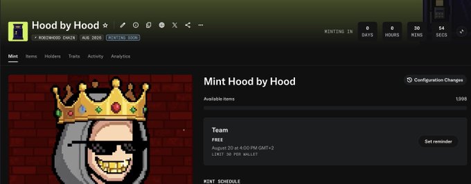 The image shows an OpenSea NFT minting page for the "Hood by Hood" collection, featuring a pixel-art character wearing a crown and sunglasses, with a countdown timer indicating 28 minutes, 54 seconds remaining until minting begins. The post's mention of "AI agents coming to the block in 30 mins" aligns with the 28-minute countdown shown, suggesting the collection relates to AI-themed NFTs about to launch on OpenSea.