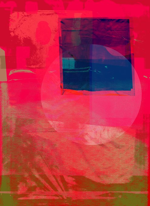 An abstract artwork featuring overlapping translucent layers of red, green, and blue with geometric and organic shapes.