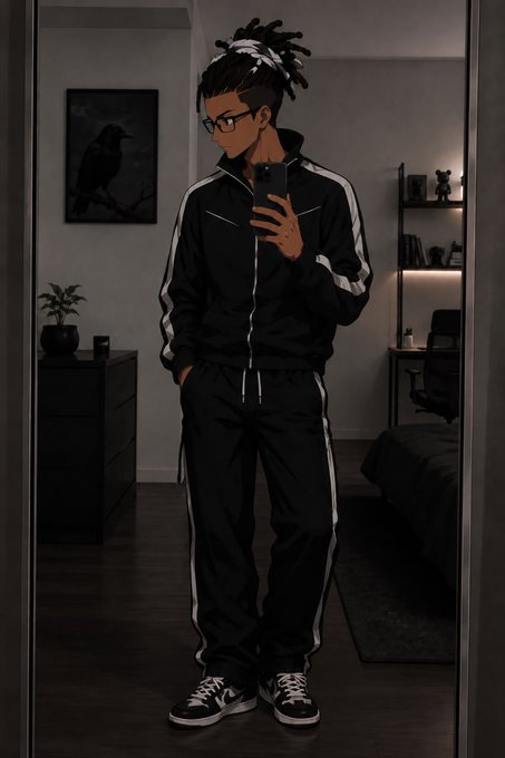 An illustration shows a young man with dreadlocks and glasses taking a mirror selfie while wearing a black tracksuit and sneakers.
