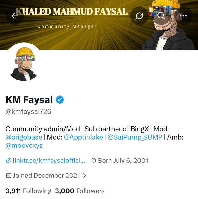 A Twitter (X) profile screenshot shows the account 'KM Faysal' (@kmfaysal726), a Community Manager and Moderator for various crypto projects, with 3,911 following and 3,000 followers.