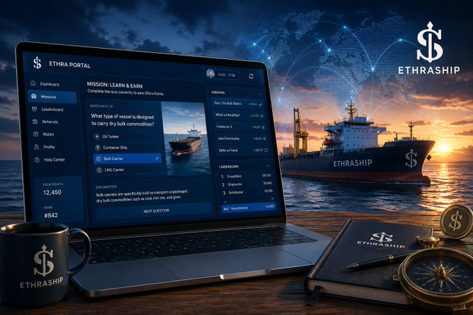 A promotional image for 'ETHRASHIP' featuring a laptop displaying their portal with a 'Learn & Earn' mission about vessel types, alongside a cargo ship, a branded mug, a notebook, and a coin with their logo.