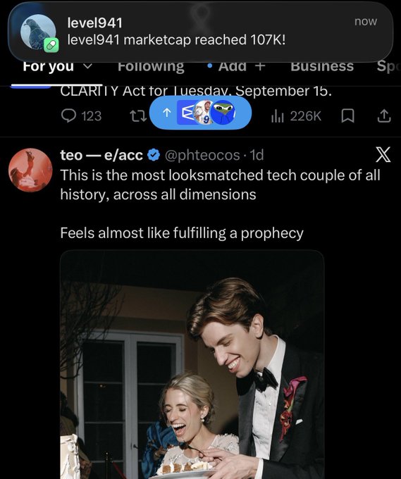 A screenshot of a social media post by 'teo - e/acc' (@phteocos) captioned 'This is the most looksmatched tech couple of all history, across all dimensions / Feels almost like fulfilling a prophecy', featuring a photo of a couple cutting a wedding cake.