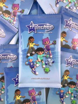A pile of "Trencher Trading Card Game" starter decks featuring colorful cartoon characters, with the post promoting @TrencherStudio's collectible card game collection available on Rarible.