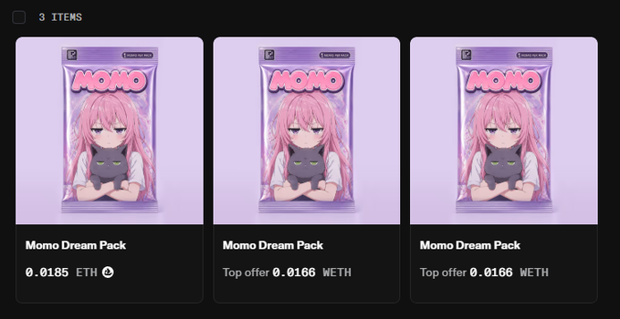 A digital marketplace interface displaying three identical 'Momo Dream Pack' NFT cards, each featuring an anime-style pink-haired girl holding a black cat, priced at approximately 0.0166 WETH.