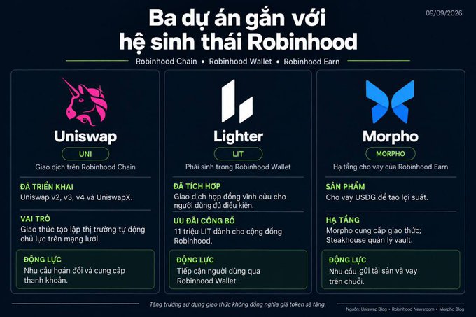 An infographic titled 'Ba dự án gần với hệ sinh thái Robinhood' dated 09/09/2026, detailing three projects: Uniswap (UNI) as a DEX on Robinhood Chain, Lighter (LIT) integrated with Robinhood Wallet, and Morpho (MORPHO) as lending infrastructure for Robinhood Earn.