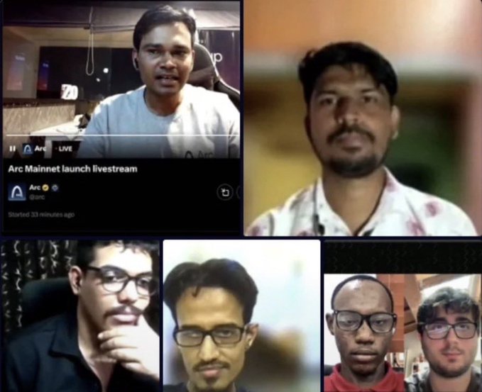 A collage of video call screenshots featuring multiple men, with one panel labeled 'Arc Mainnet launch livestream' by Arc.