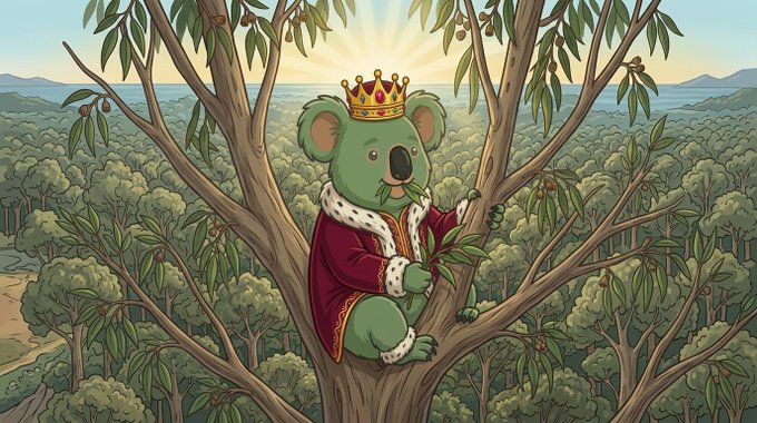 An illustration of a crowned koala wearing a royal red robe with white fur trim, sitting in a eucalyptus tree while holding a branch, with a vast forest landscape behind it.