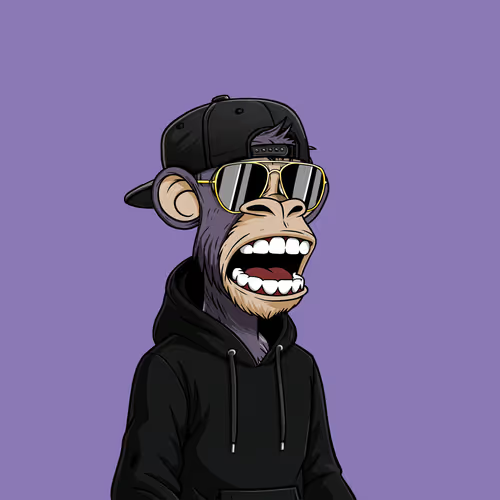 A cartoon monkey wearing a backward black cap, reflective sunglasses, and a black hoodie grins widely, revealing large teeth against a solid purple background.