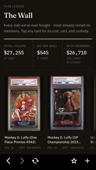 A digital collectibles platform called 'SLAB LEDGER' displaying 'The Wall' page with total volume of $27,255, showing Monkey D. Luffy One Piece trading cards including PSA 10 graded versions.