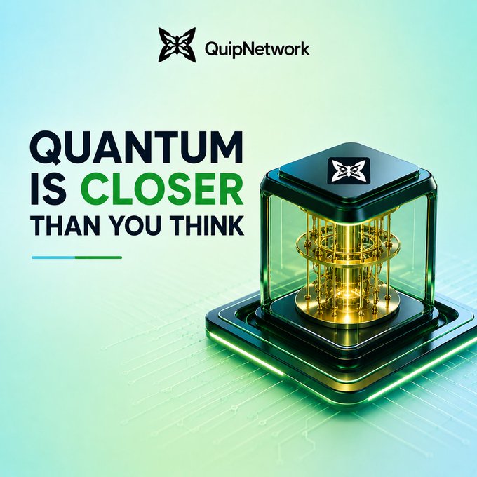 A promotional graphic for QuipNetwork reading "QUANTUM IS CLOSER THAN YOU THINK," featuring a glowing green and gold futuristic cube containing a cylindrical quantum device.