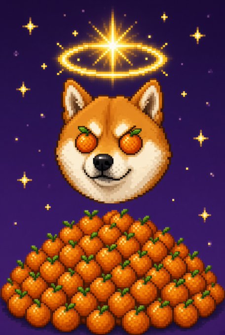 Pixel art of a Shiba Inu dog with oranges for eyes, wearing a glowing golden halo, sitting atop a large pile of oranges against a starry purple background.