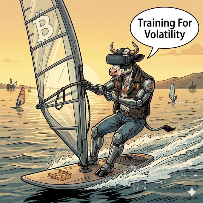 Illustration of a cybernetically-enhanced cow wearing a VR headset windsurfing on the ocean with a sail featuring a Bitcoin logo, with a speech bubble saying "Training For Volatility".