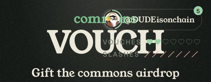 A black graphic with text announcing a commons airdrop voucher, featuring a penguin logo and the username @DUDEisonchain.