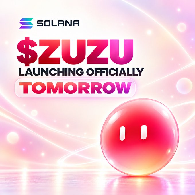 A sleek promotional graphic with a pink-to-purple gradient background features the Solana logo, "$ZUZU" in bold pink lettering, and the announcement "LAUNCHING OFFICIALLY TOMORROW," alongside a glossy red smiley-face orb — visually reinforcing the post's message about the upcoming $ZUZU meme coin launch and airdrop on the Solana blockchain.