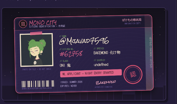 A digital ID card from 'MONO CITY' for a character named '@Msavad7596', with citizen number '#62758', species 'BAKEMONO 化け物', and class 'ONI 鬼'.
